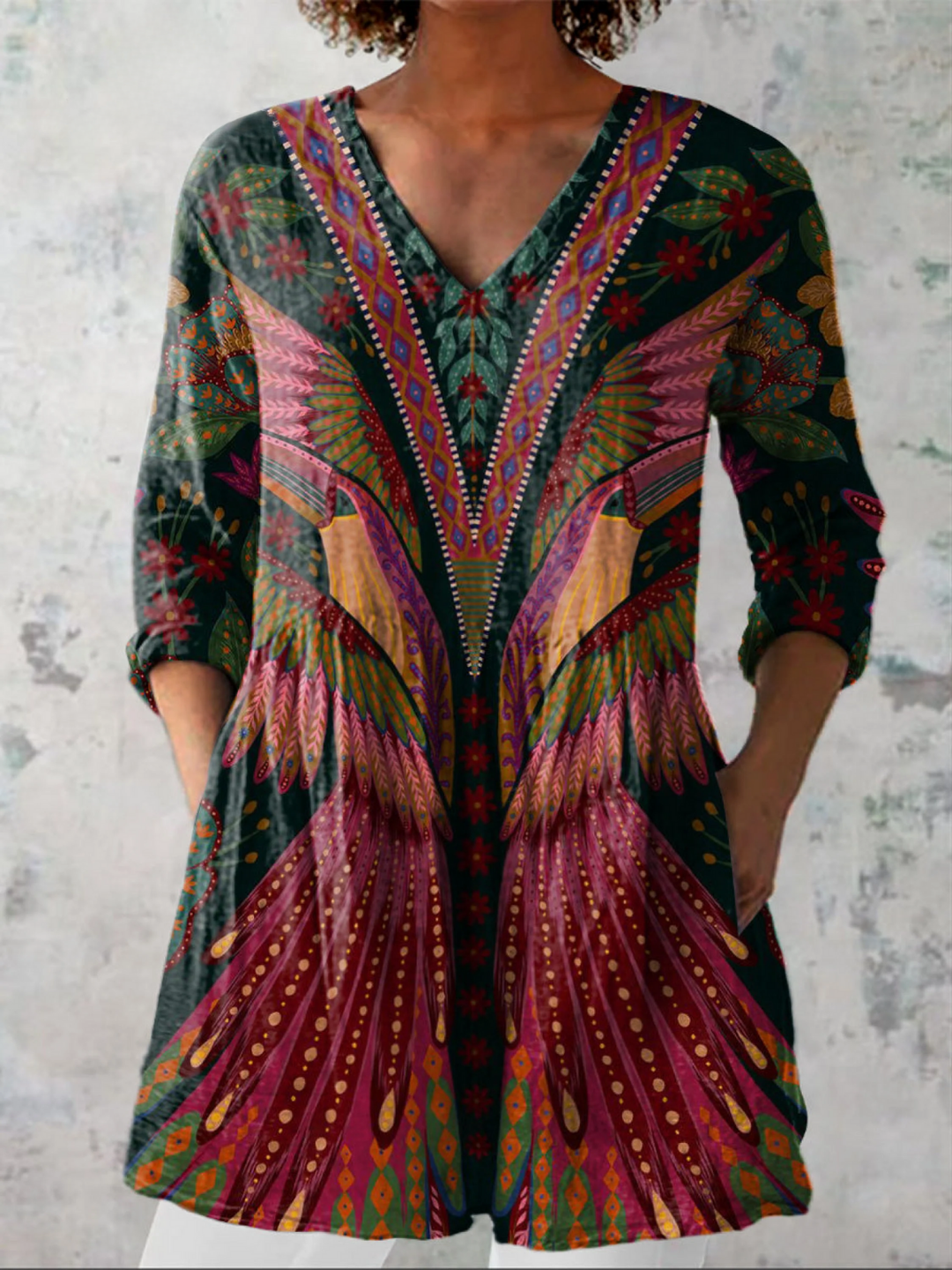 Women's multicolor flowy V-neck long blouse; elegant, loose-fit casual tunic top for everyday style.