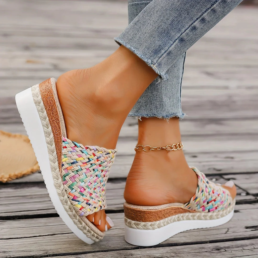 Women's multicolor woven espadrille open-toe platform wedge sandals, beige & yellow summer footwear.