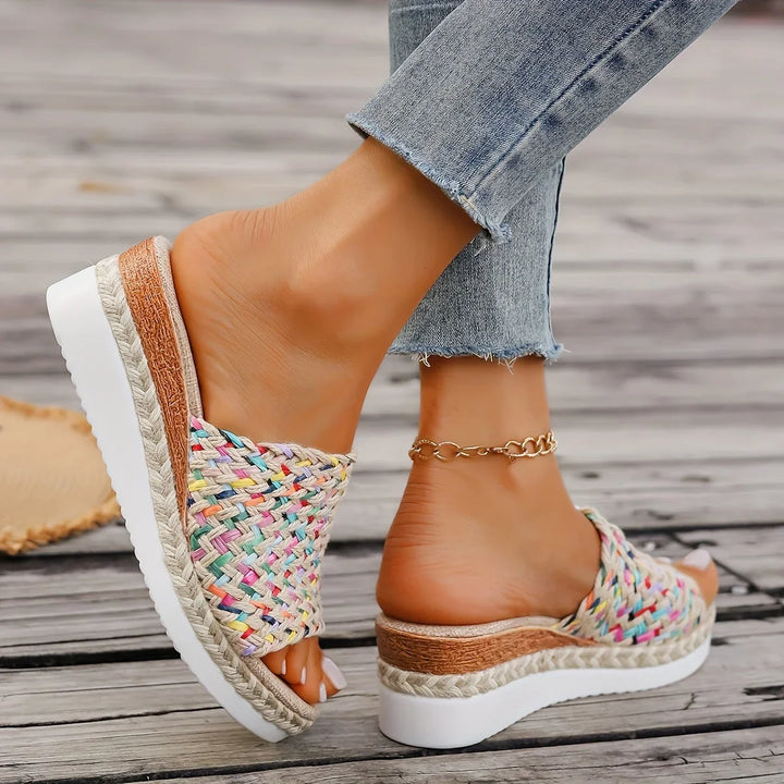 Women's multicolor woven espadrille open-toe platform wedge sandals, beige & yellow summer footwear.