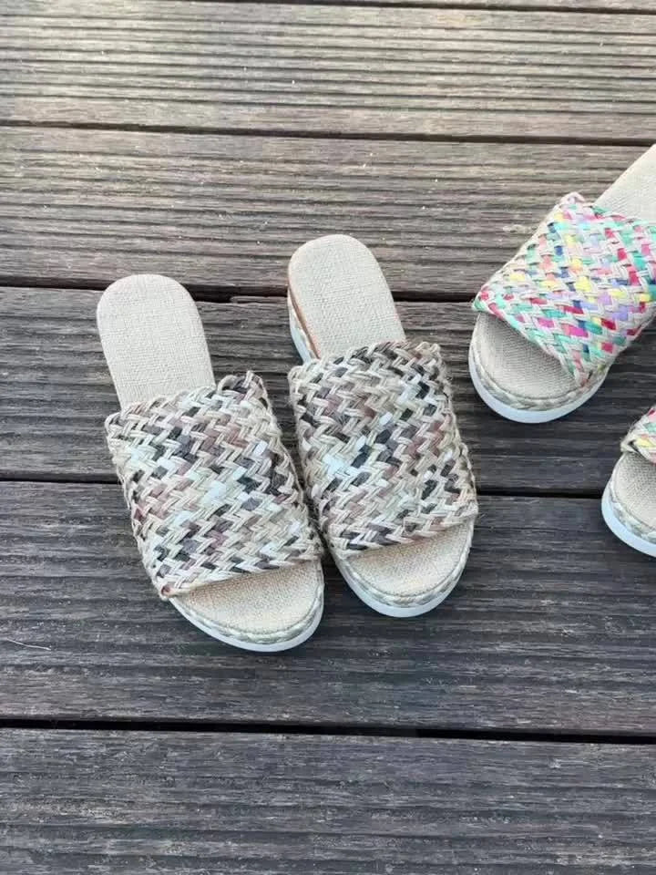 Stylish women's espadrille wedge sandals, multicolor woven platform, open-toe design for summer casual.