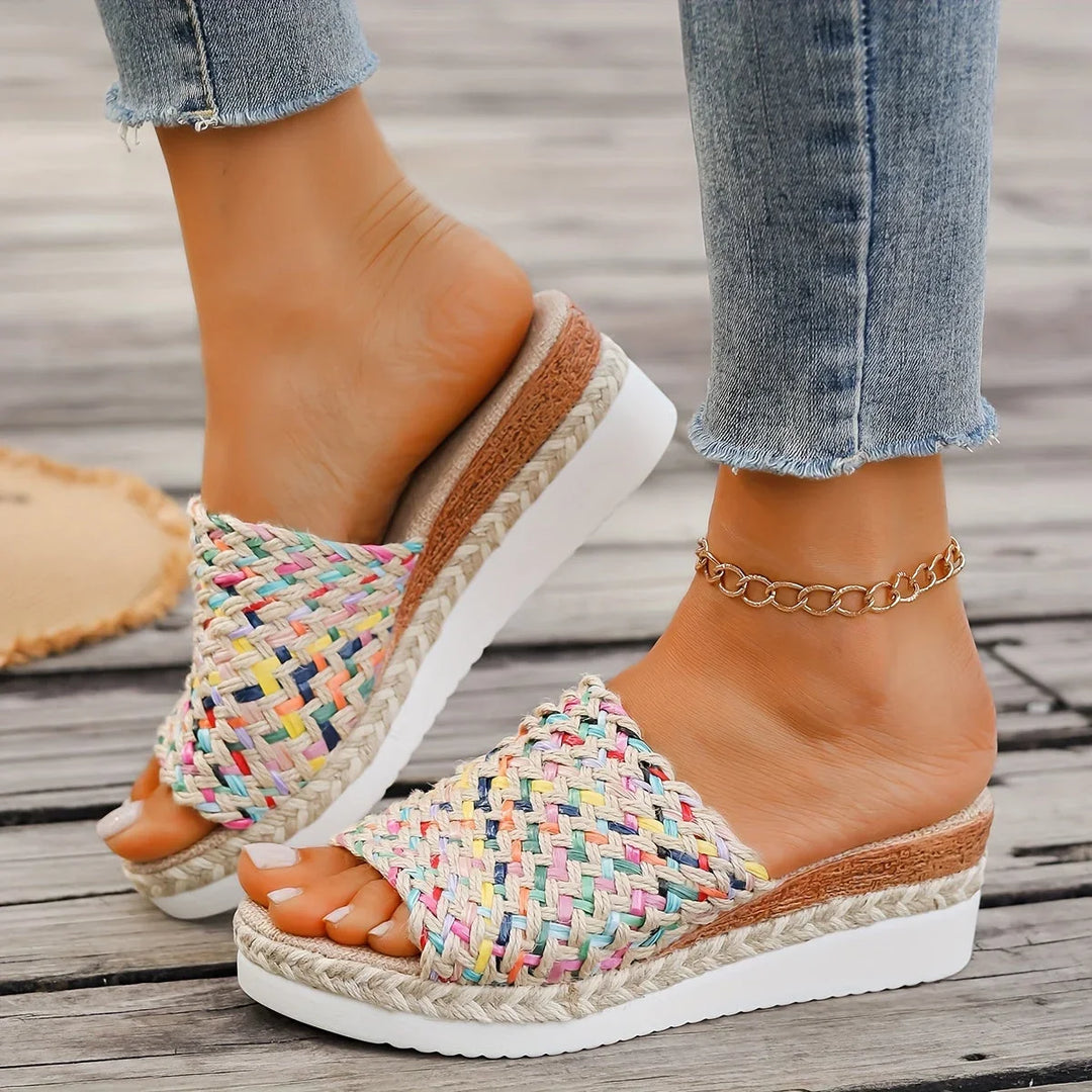 Beige & yellow multicolor woven espadrille wedge sandals for women, comfortable open-toe platform design.