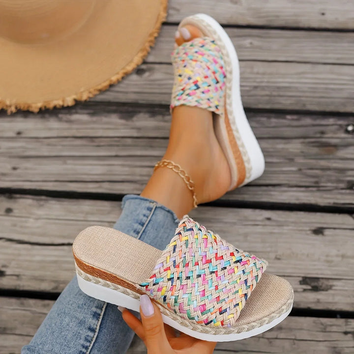 Summer casual women's multicolor woven espadrille platform wedge sandals with open toe.
