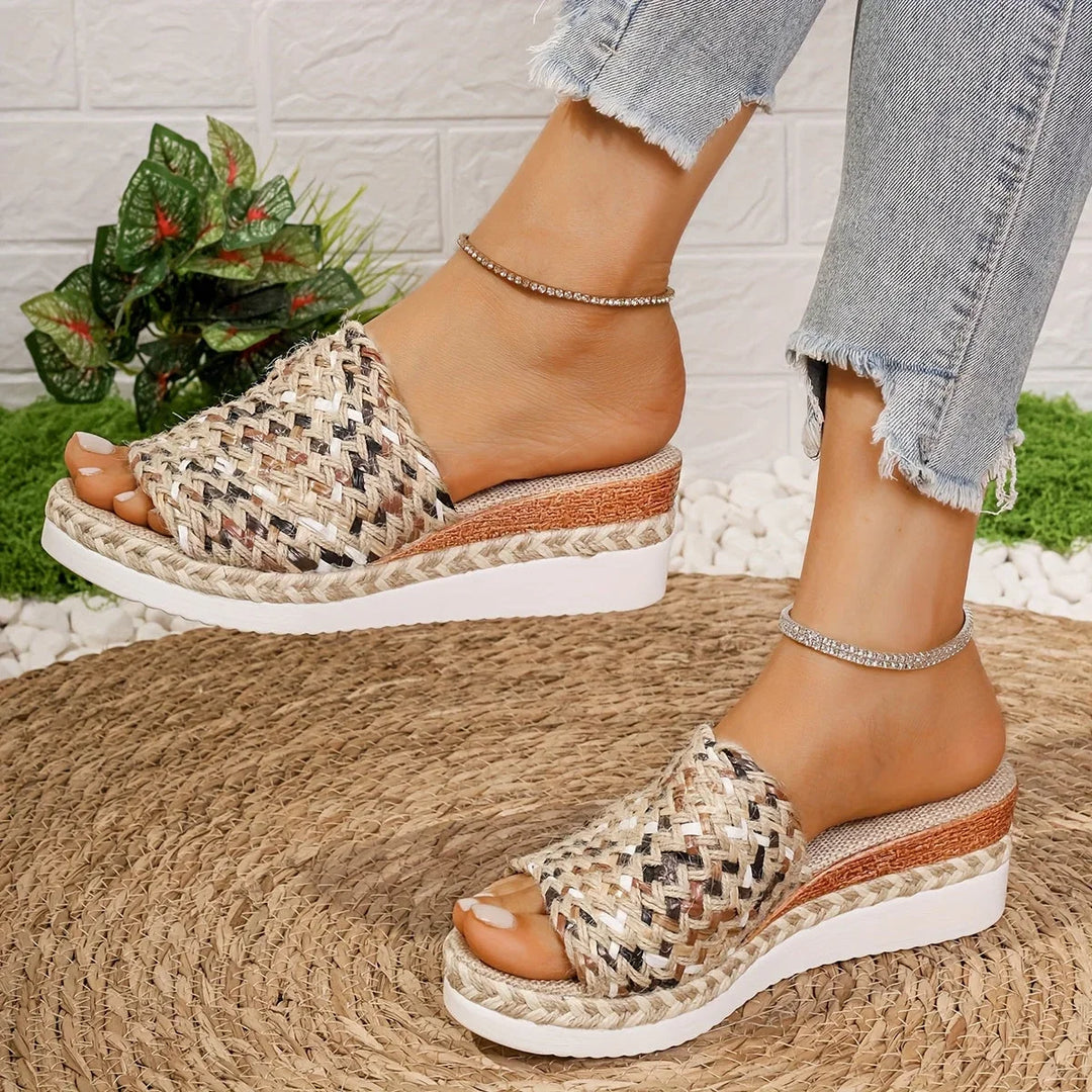 Multicolor woven women's espadrille wedge sandals, open-toe platform, comfortable and stylish footwear.
