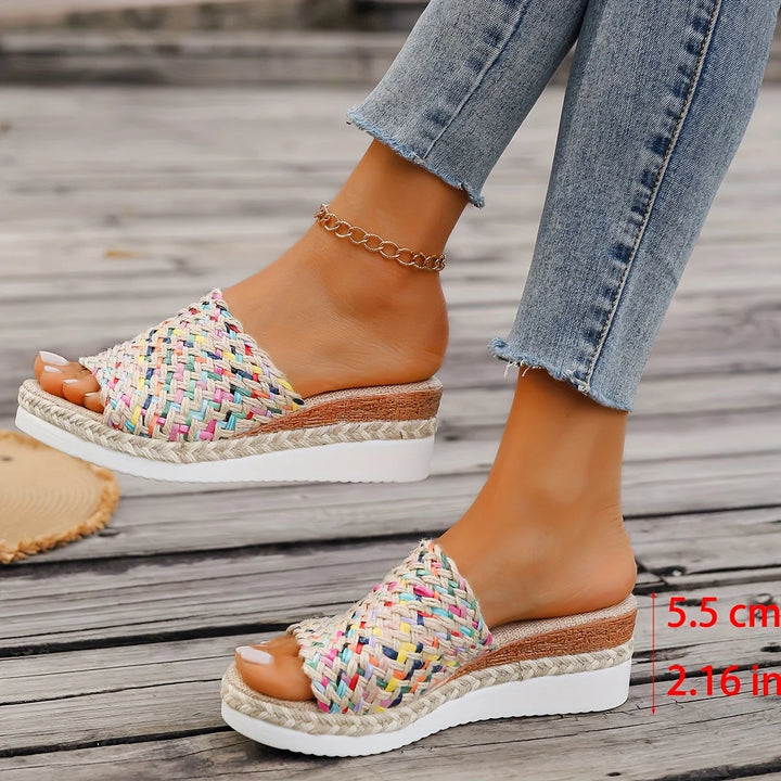 Elegant open-toe platform espadrille sandals, women's multicolor woven wedge style, versatile summer footwear.