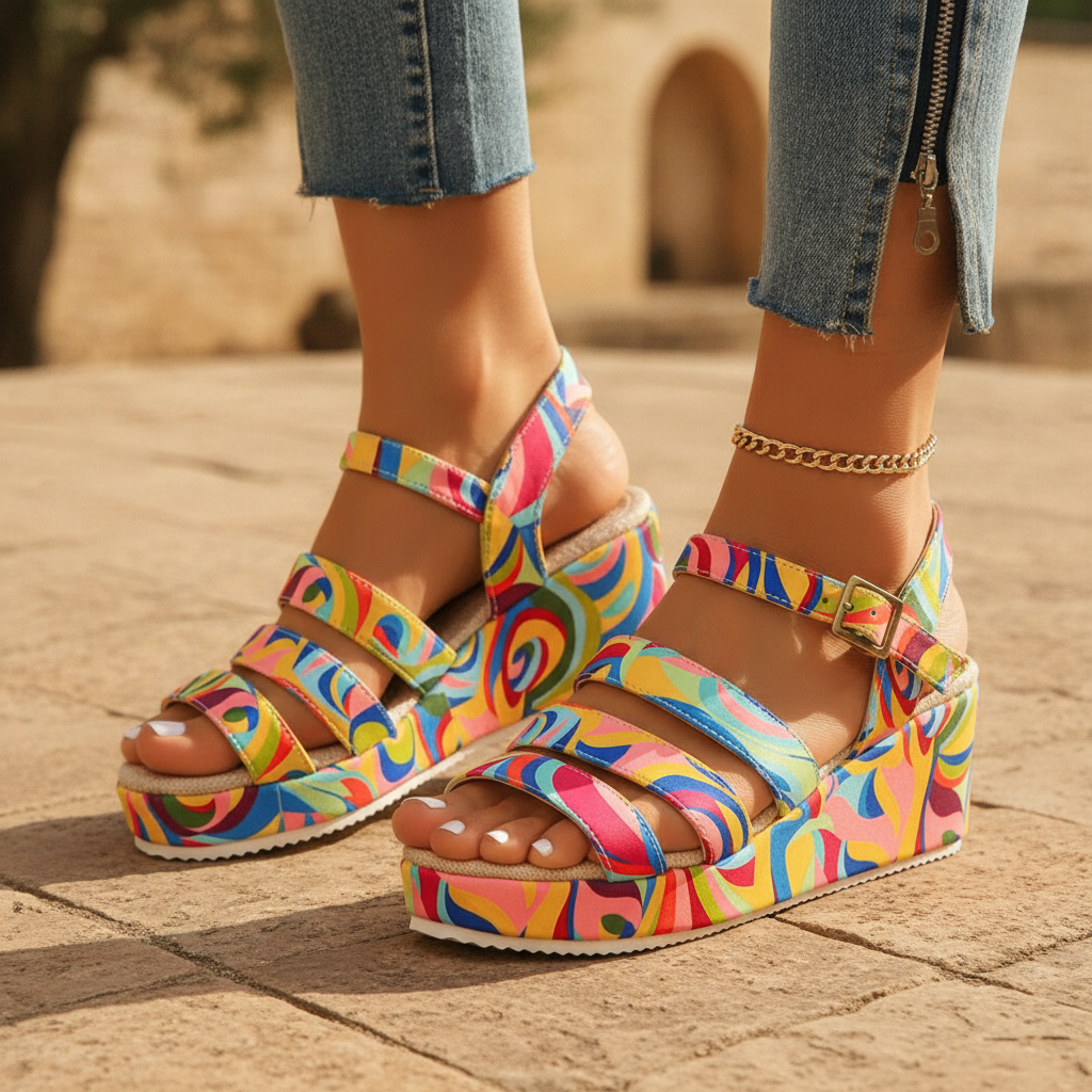 Women's multicolour platform wedge sandals with adjustable ankle strap, perfect for summer.