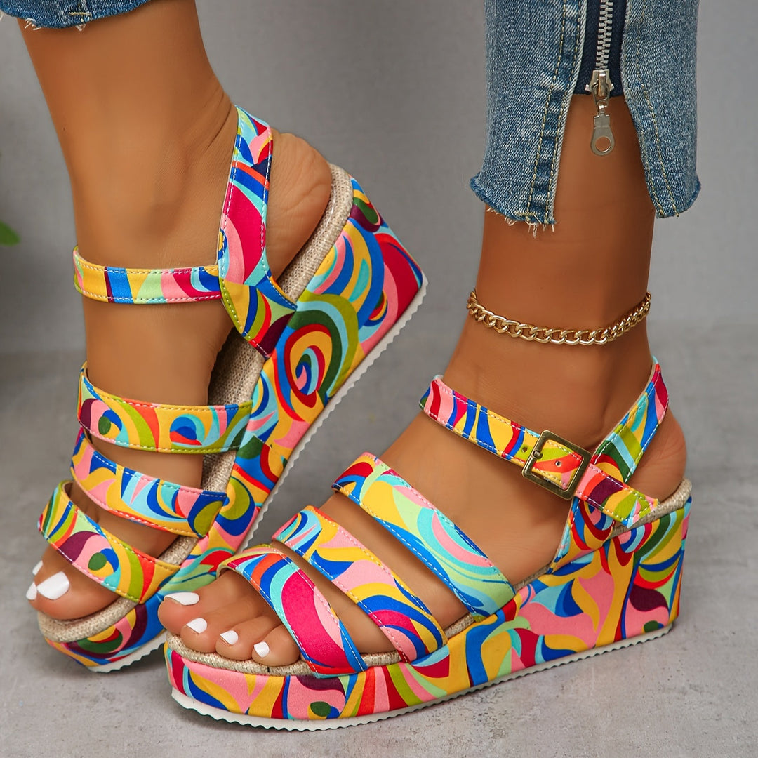 Casual women's multicolour open toe wedge sandals for comfortable summer holidays.