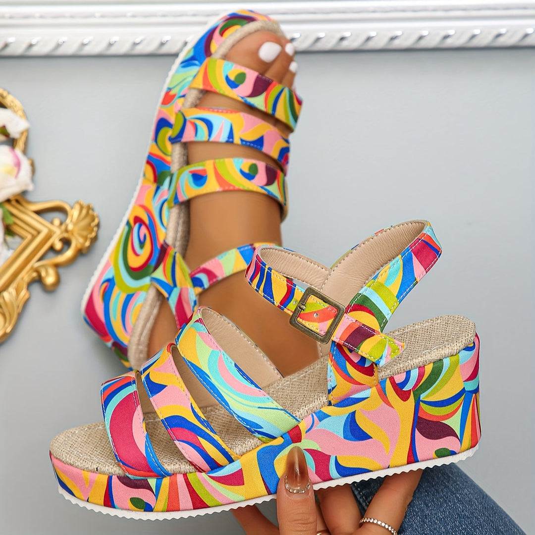 Trendy women's multicolour platform wedge sandals with open toe for effortless summer fashion.
