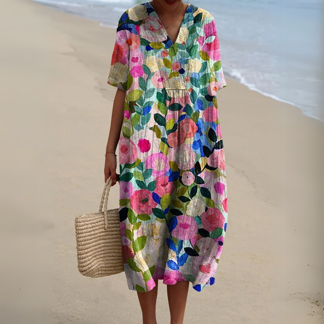 Women's multicolour V-neck midi dress, elegant floral print. Perfect summer and holiday attire.