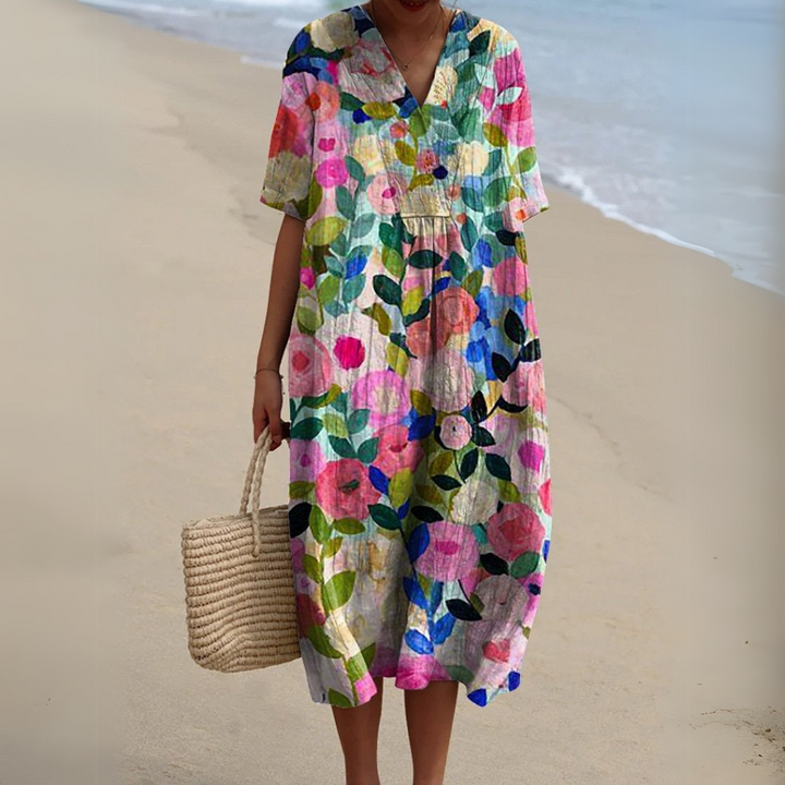 Women's multicolour V-neck midi dress, elegant floral print. Perfect summer and holiday attire.