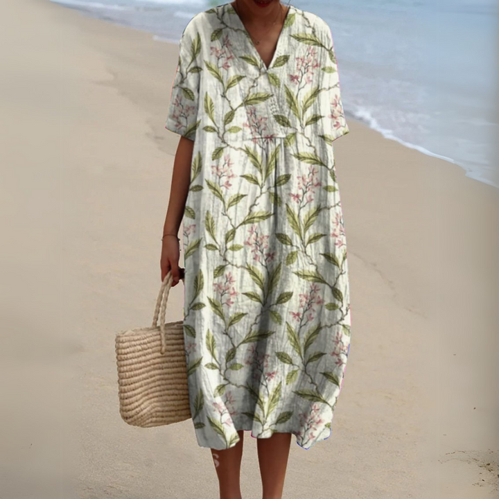 Versatile women's multicolour V-neck midi dress. Suitable for casual outings, elegant occasions, summer.