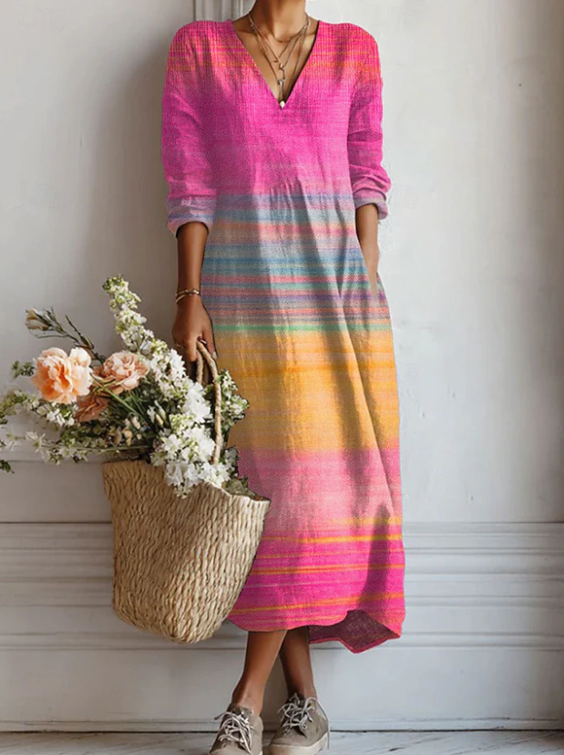 Women's multicolour V-neck midi dress with pockets, ideal for casual summer and spring everyday wear.