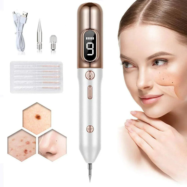 Women's multipurpose plasma pen for professional-grade skin tag, mole, and blemish removal. Home beauty device.