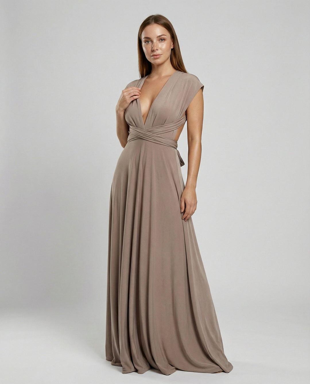 Women's multiway wrap maxi dress, versatile V-neck tie design for elegant occasion wear.