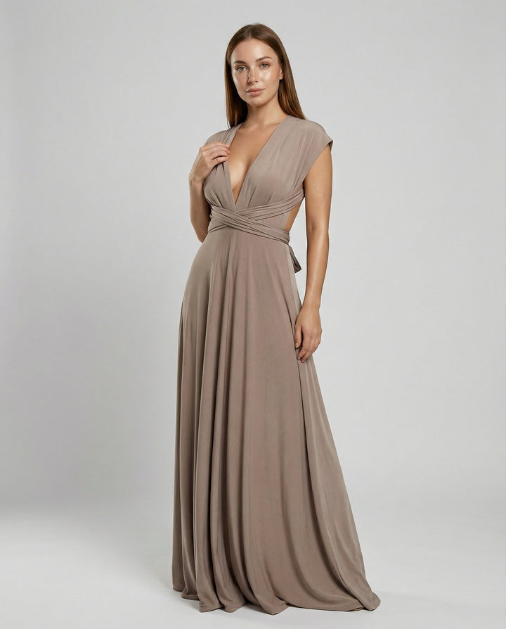 Women's multiway wrap maxi dress, versatile V-neck tie design for elegant occasion wear.