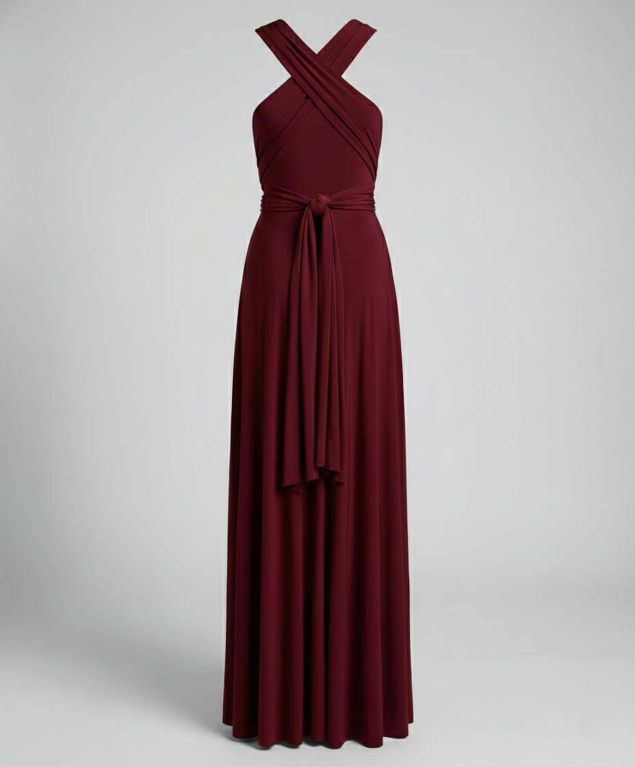 Sophisticated women's V-neck multiway wrap maxi dress, ideal for formal or bridesmaid wear.