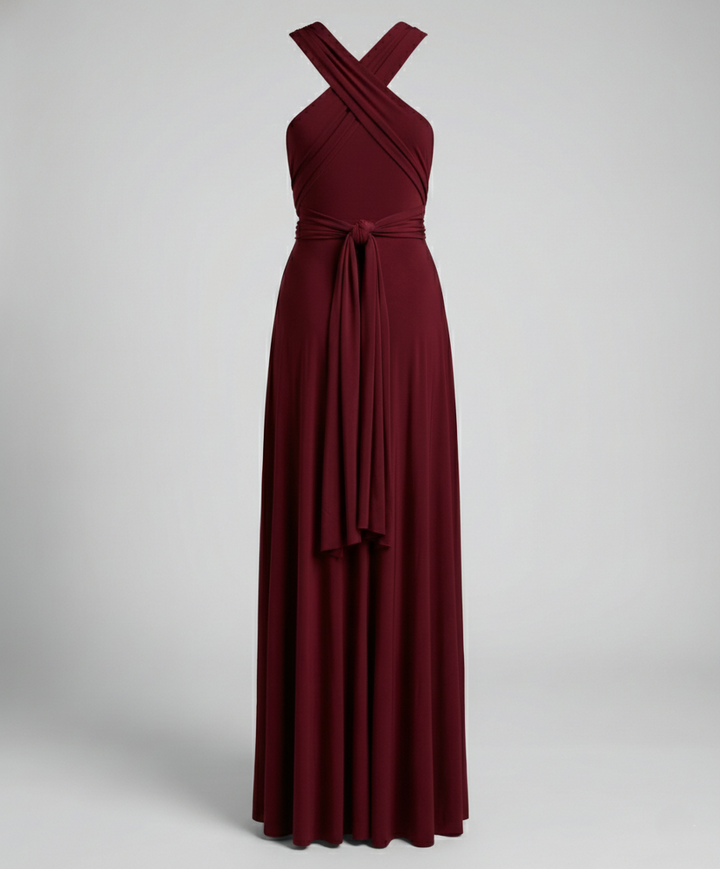 Sophisticated women's V-neck multiway wrap maxi dress, ideal for formal or bridesmaid wear.