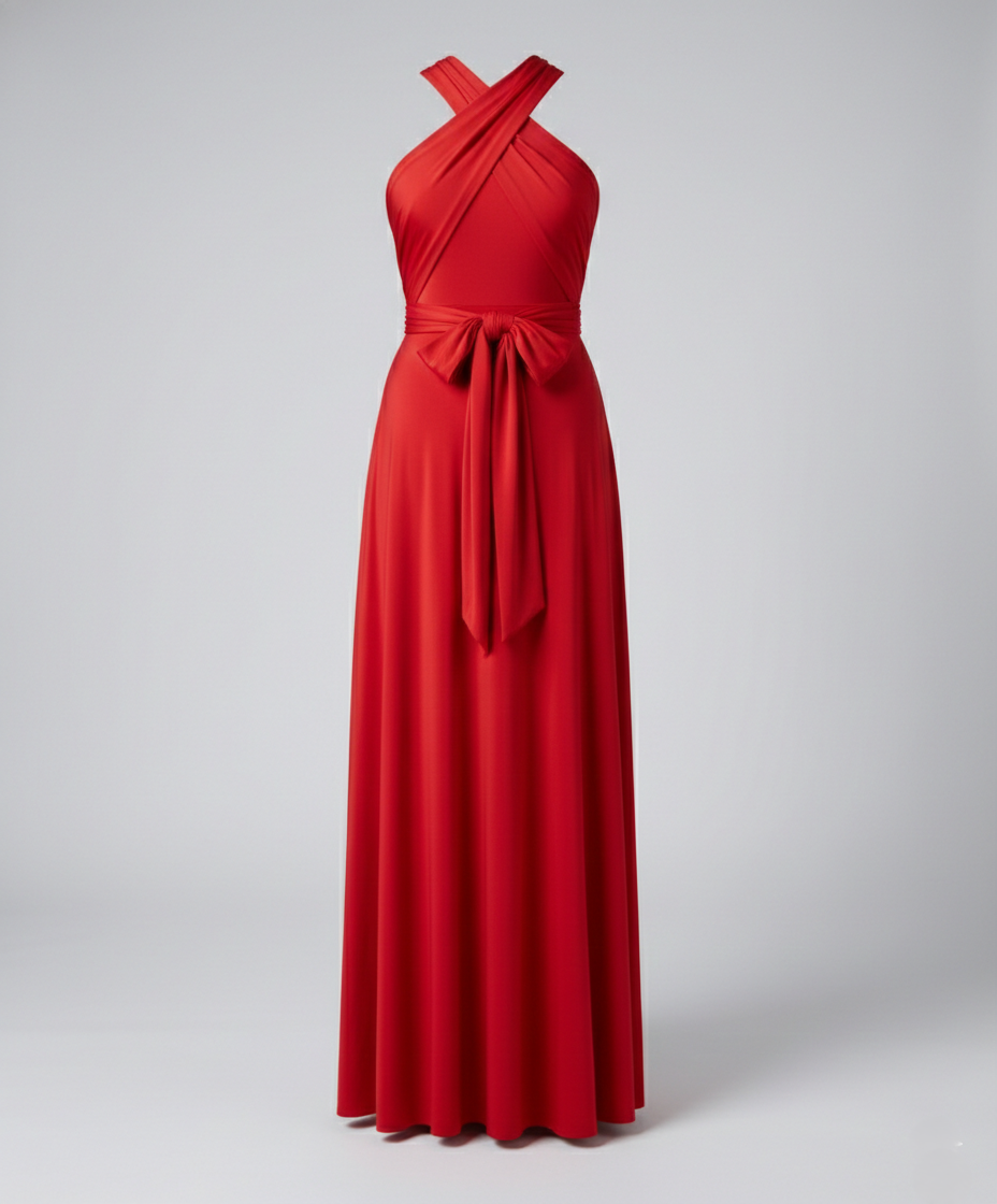 Formal women's maxi dress with a multiway wrap and V-neck tie, elegant occasion wear.