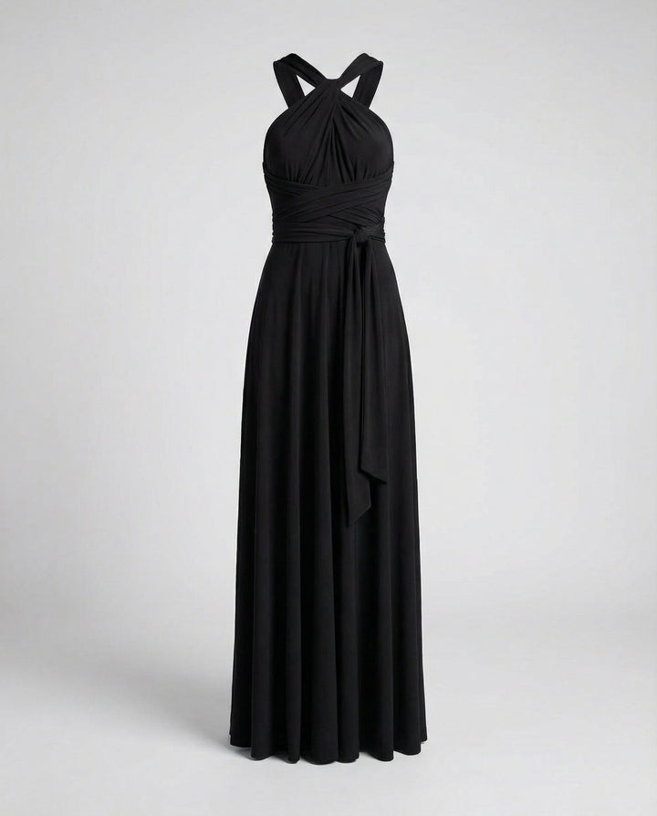 Chic women's multiway wrap maxi dress, featuring a sophisticated V-neck and tie design.