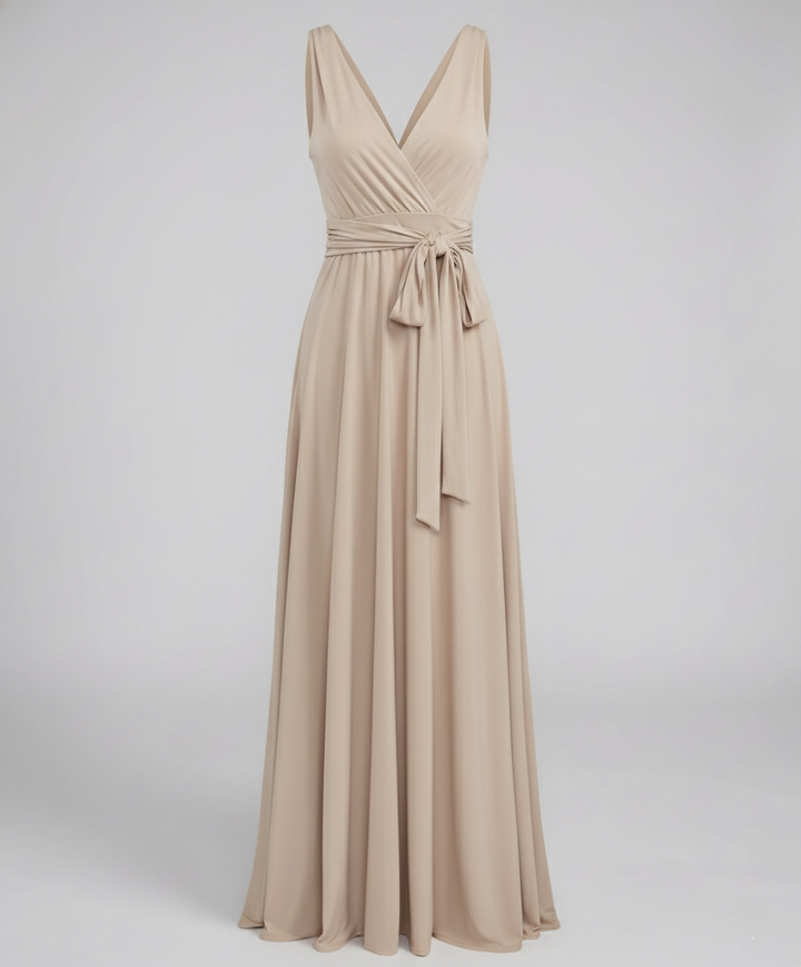 Long women's multiway wrap maxi dress, adaptable V-neck tie for formal evening events.