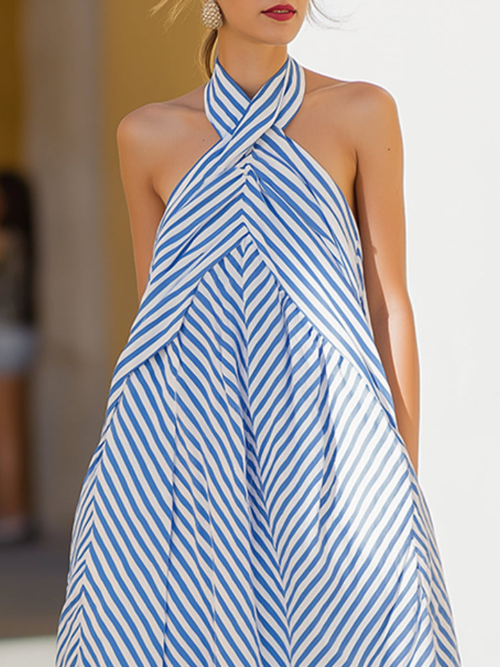 Classic women's nautical stripe maxi dress, features a chic halter neck and comfortable, flowy design.
