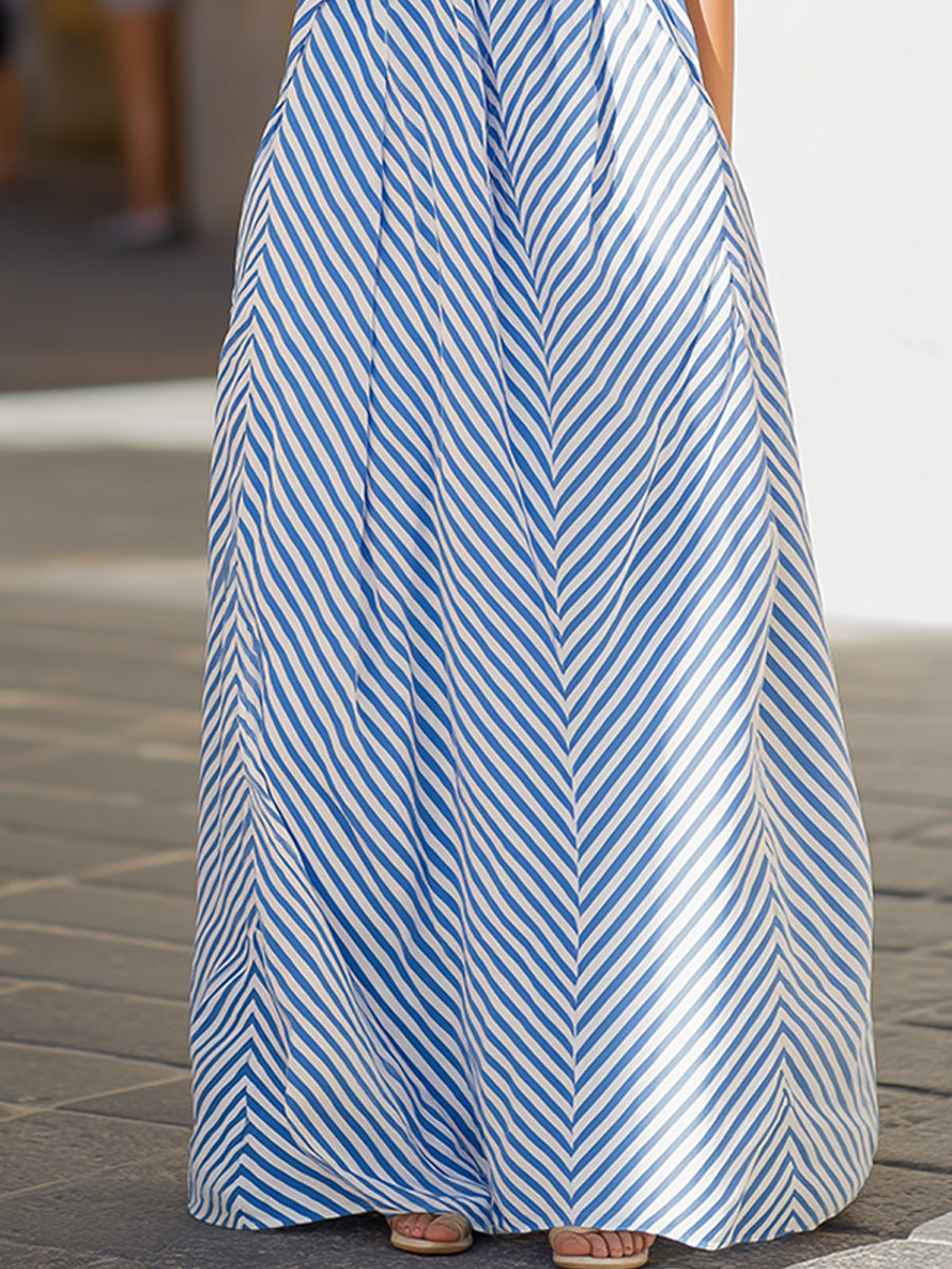 Women's nautical stripe halter neck maxi dress, a stylish and comfortable summer holiday essential.