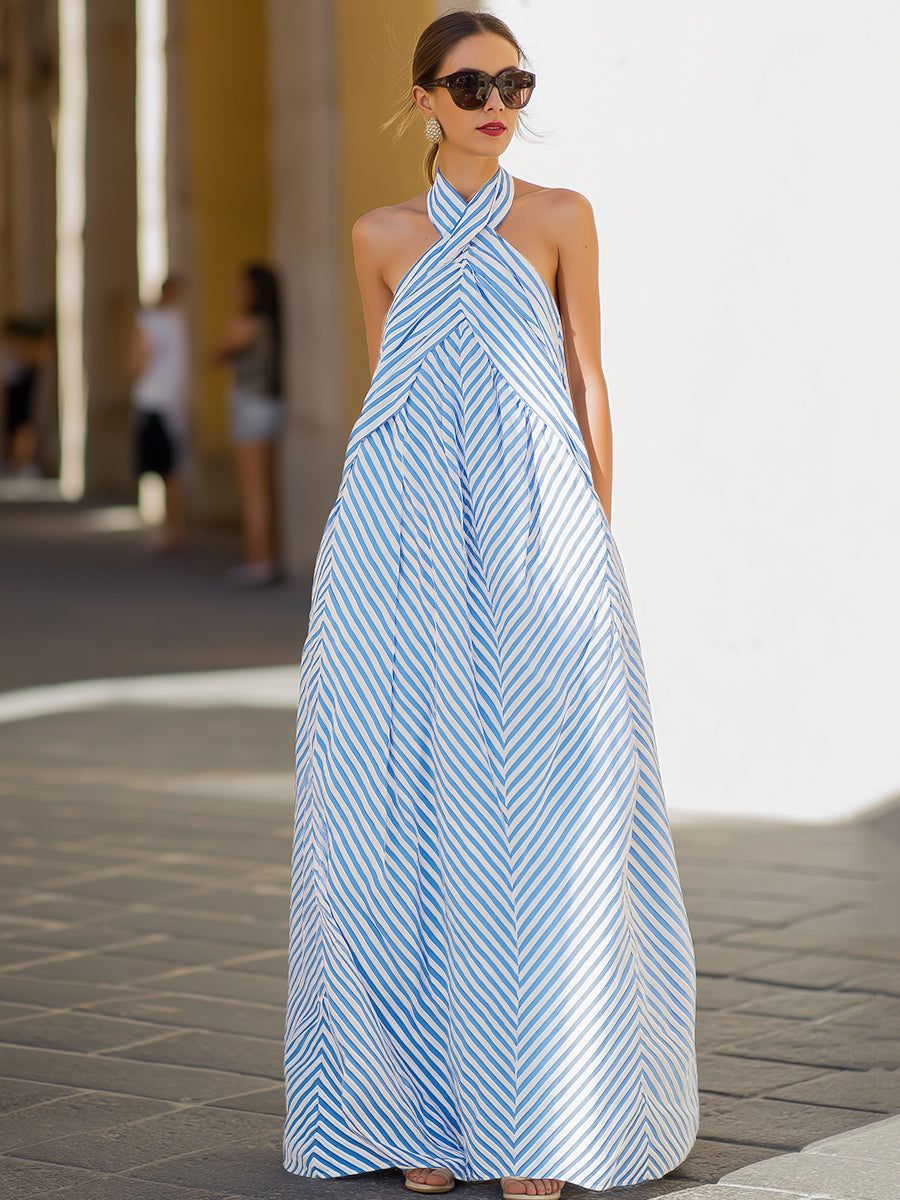 Flattering women's halter neck maxi dress with a fresh nautical stripe, ideal for summer & holidays.