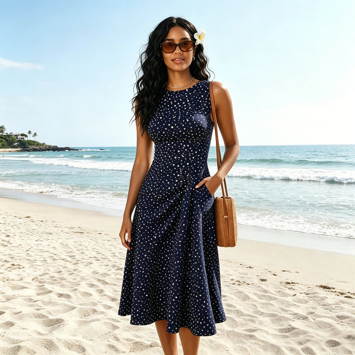 Women's navy blue sleeveless polka dot midi fit-and-flare dress