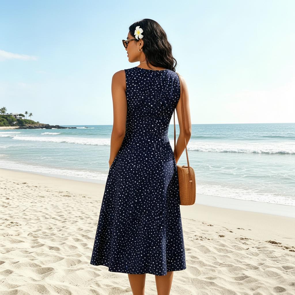 Elegant women's navy polka dot summer midi dress, perfect for casual outings