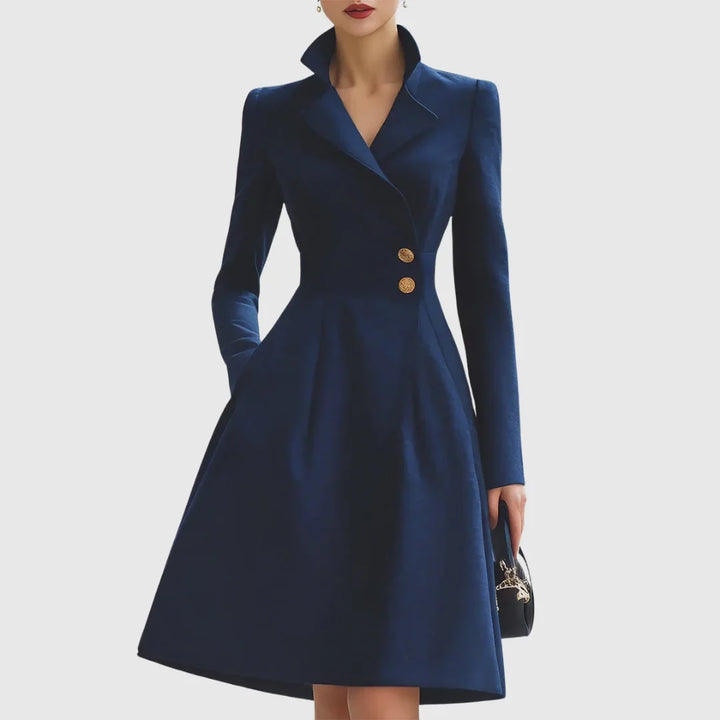 Women's navy tailored trench midi dress with elegant gold buttons, perfect for workwear or formal events.