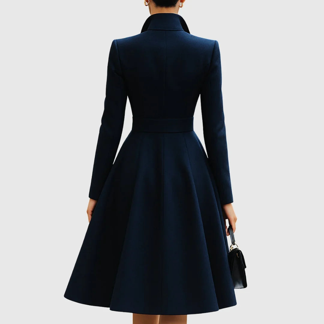 Elegant navy trench midi dress for women, featuring a tailored fit and sophisticated gold buttons. Versatile fashion.