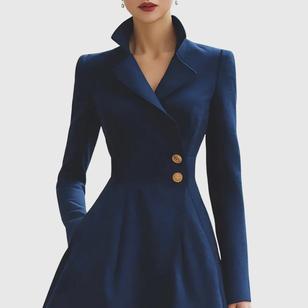 Tailored women's navy trench midi dress with a stylish V-neck and shimmering gold buttons, ideal for elegant wear.
