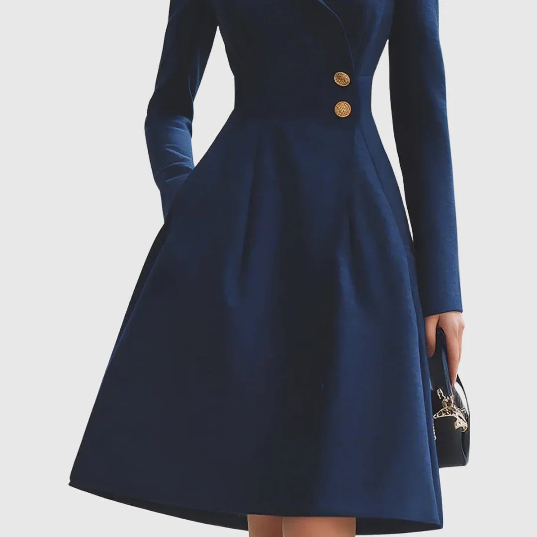 Stylish women's navy blue trench midi dress, tailored with a flattering cut and eye-catching gold button details.