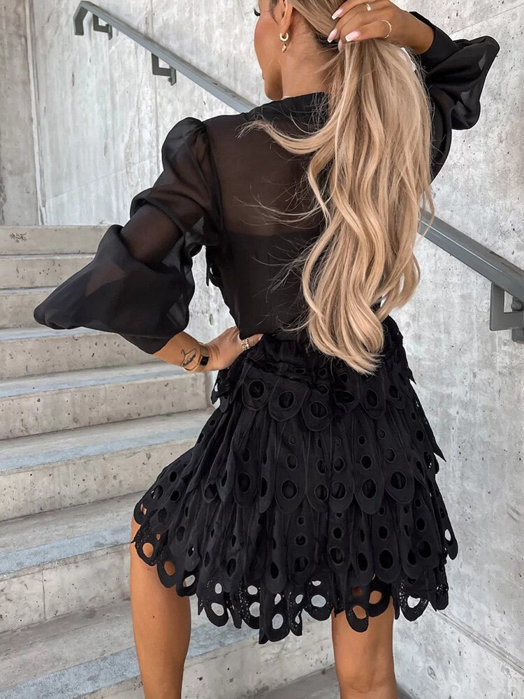 Chic women's embroidered mini dress with a flattering fit and transparent cutwork sleeves