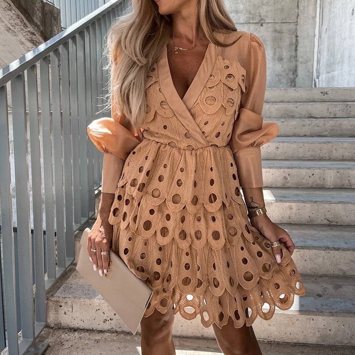 Summer evening dress for women, highlighting embroidery and airy sheer sleeves