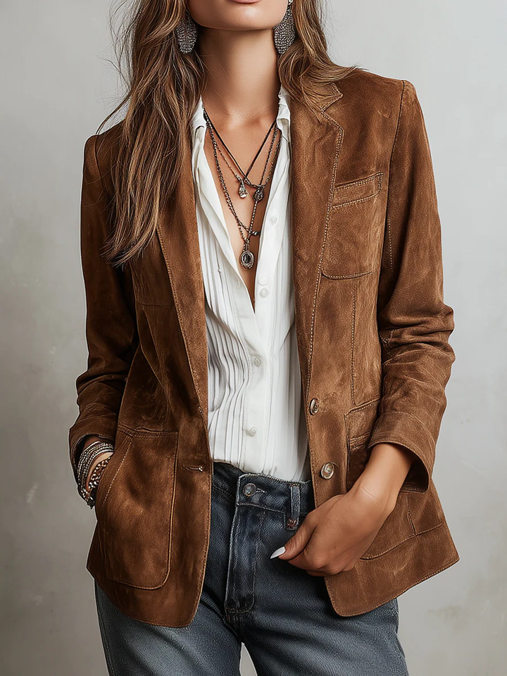 Women's notch lapel button-down blazer, relaxed fit, long sleeve, versatile outerwear for office or casual.