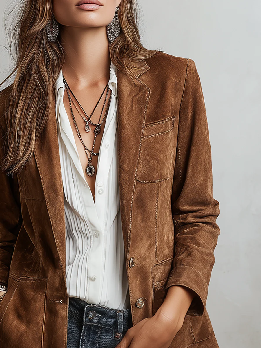 Relaxed fit women's long sleeve blazer, notch lapel, button-down, versatile for work, office, or daily wear.