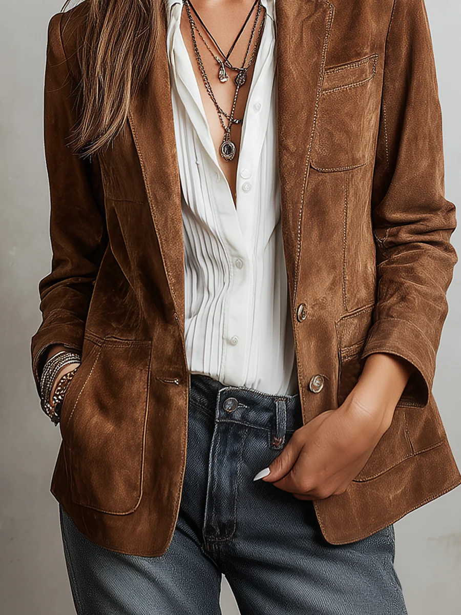 Classic women's notch lapel button-down blazer, long sleeve, timeless design for office wear or elegant casual.