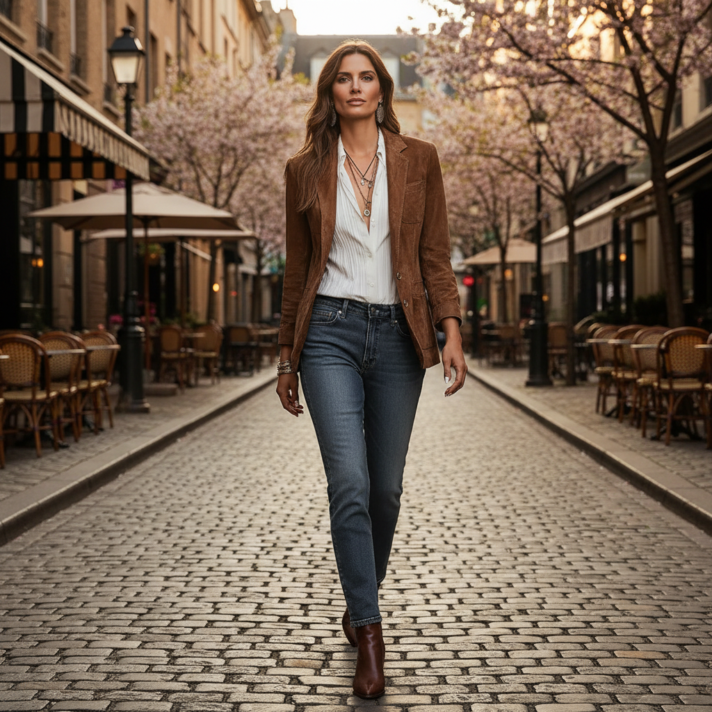 Sophisticated women's notch lapel button-down blazer, styled with long sleeves, perfect for a polished office look.