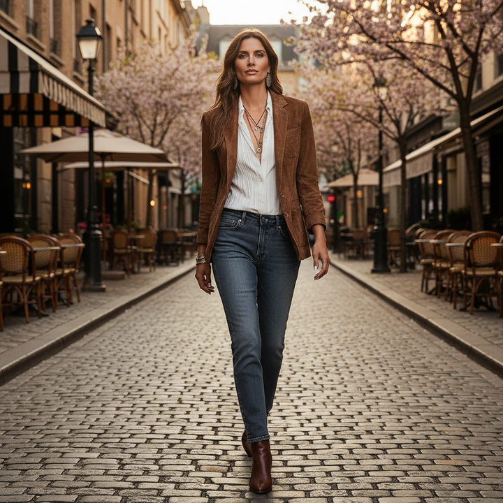 Sophisticated women's notch lapel button-down blazer, styled with long sleeves, perfect for a polished office look.