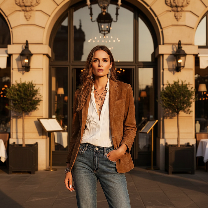 Chic women's relaxed fit blazer, notch lapel, button-down, long sleeve, essential versatile outerwear.