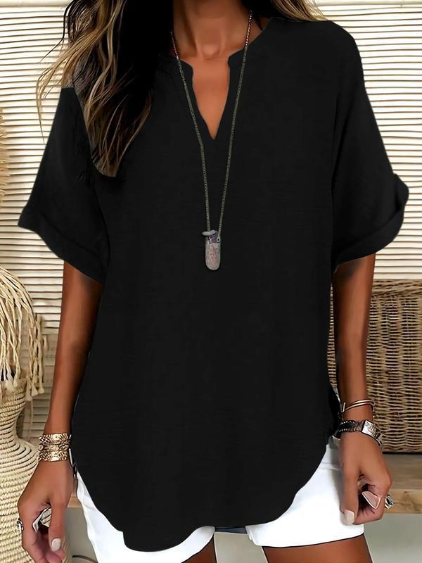 Elegant women's notched V-neck short sleeve blouse, a comfortable, lightweight flowy summer top.