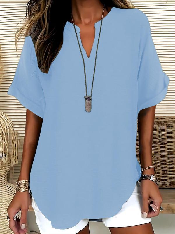 Women's notched V-neck short sleeve blouse, a lightweight, flowy summer top perfect for casual wear.