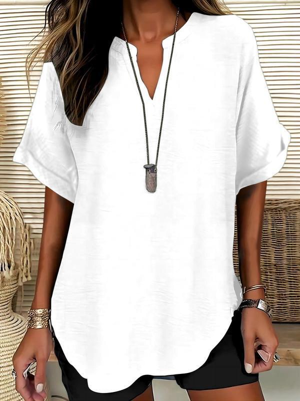 Stylish women's short sleeve V-neck blouse, a lightweight flowy summer top with a chic notched design.
