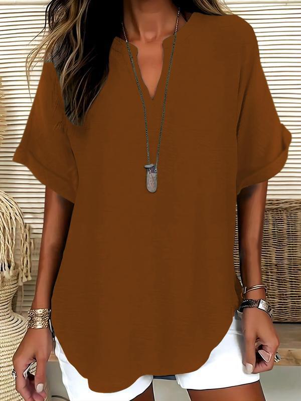 Casual women's short sleeve V-neck blouse, a comfortable lightweight flowy summer top with notched detail.