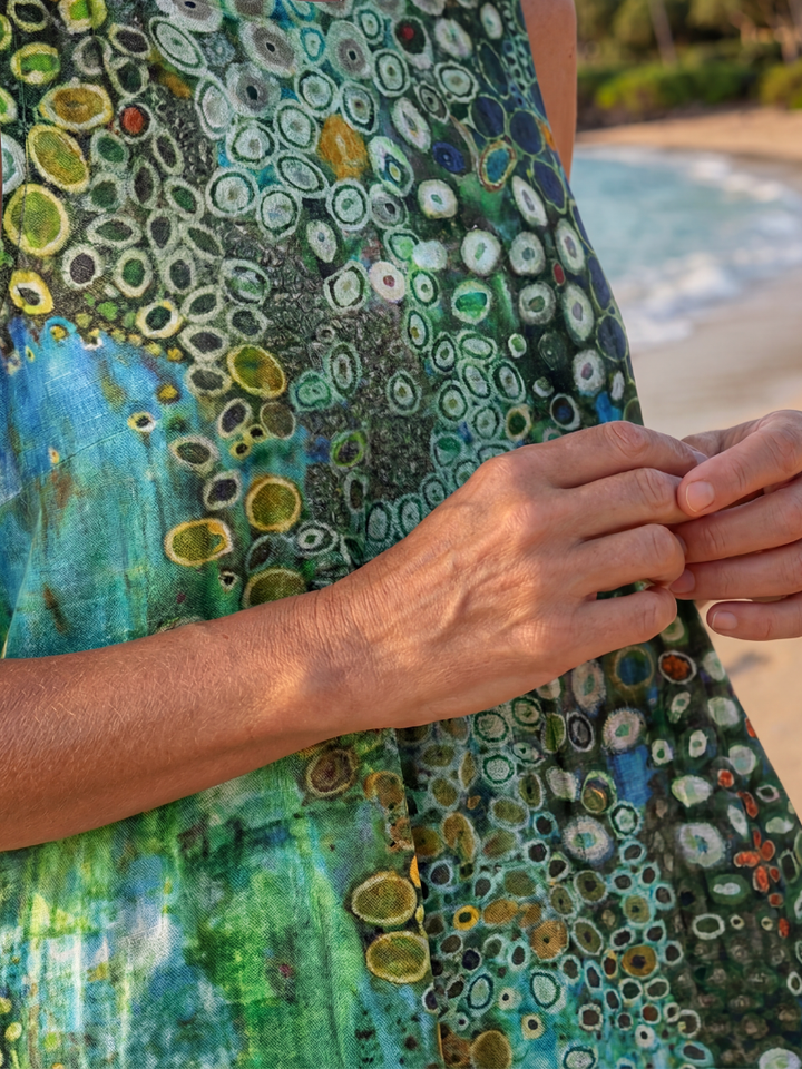 Comfortable women's midi dress in an ocean mosaic abstract print. Sleeveless, relaxed fit, perfect for summer casual.