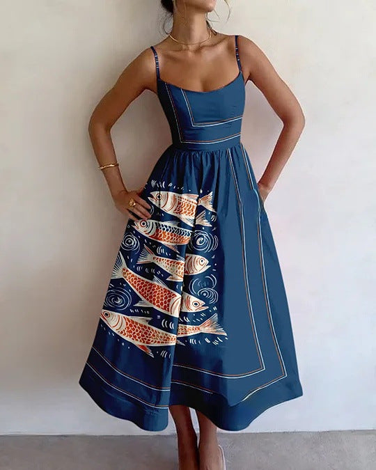 Women's Ocean Tide Midi Dress with flowing fabric, elegant ocean print, perfect for summer, coastal vacations & style.