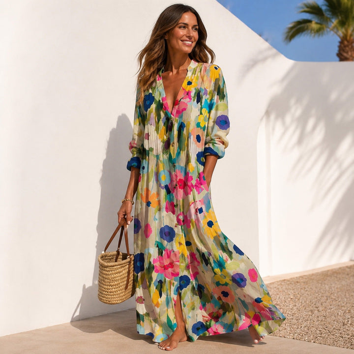 Women's Odette boho maxi dress with flattering flowy fit. Ideal elegant summer vacation floral print.