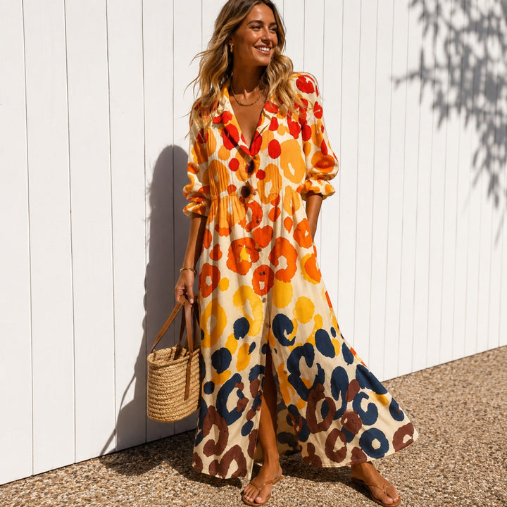 Elegant floral print boho maxi dress for women, featuring a flattering flowy fit, lace, and ruffles.