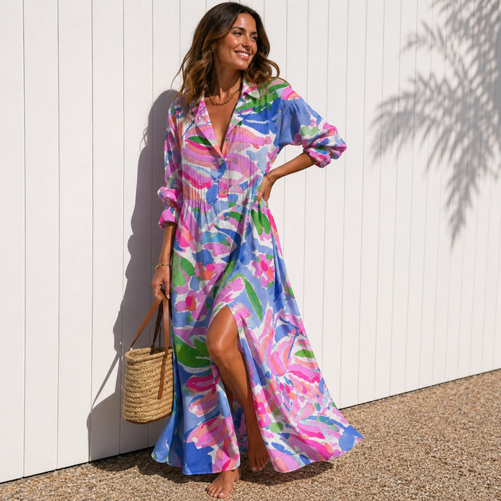 Casual women's Odette flowy maxi dress with a beautiful floral print. Perfect for summer & vacations.