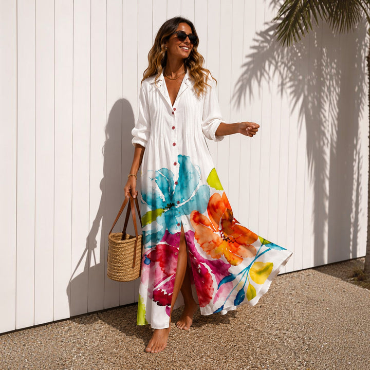 Versatile Odette women's boho dress, flattering flowy maxi fit, suitable for casual or elegant summer wear.
